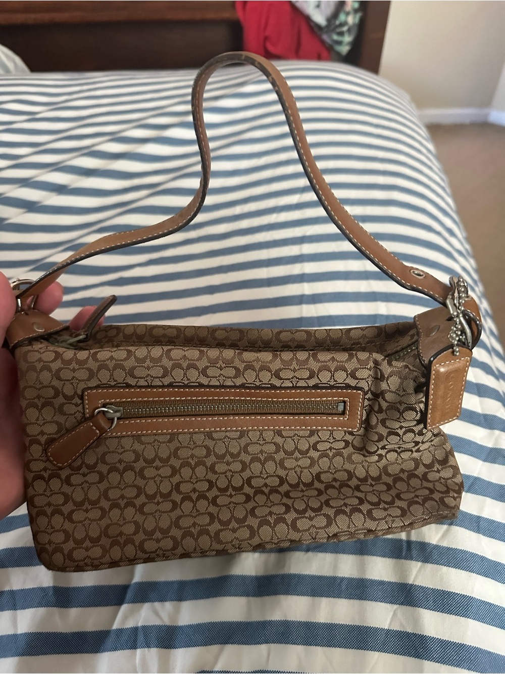Coach Brown Signature Monogram Shoulder Bag with Tan Leather Trim